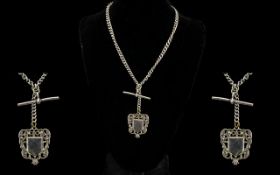 Antique Silver Double Albert Chain with Attached T- Bar and Medal, All Links Stamped for Silver. 36.