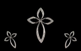 9ct White Gold Stylised Pendant Cross, Set With Round Modern Brilliant Cut Diamonds, Fully