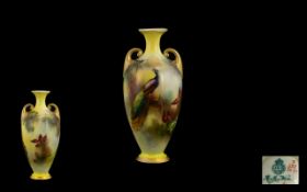 Royal Worcester Hadley Ware Small Twin Handle Hand Painted Vase Of urn form with gilt scroll