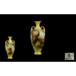 Royal Worcester Hadley Ware Small Twin Handle Hand Painted Vase Of urn form with gilt scroll