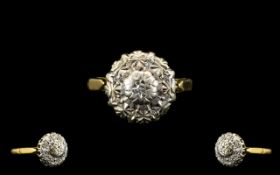 18ct Gold Illusion Set Diamond Cluster Ring, Flower head Setting. Marked 18ct Gold. Ring Size - I.