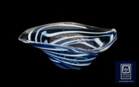 Mdina Art Glass Bowl Boxed Freeform bowl in blue bubble glass with white striations, signed to