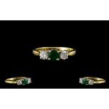 18ct Gold - Superb Quality 3 Stone Diamond and Emerald Dress Ring.