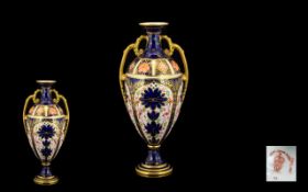 Royal Crown Derby Imari Pattern Single 22ct Gold Band Twin Handle Vase - circa 1900, pattern 1128.