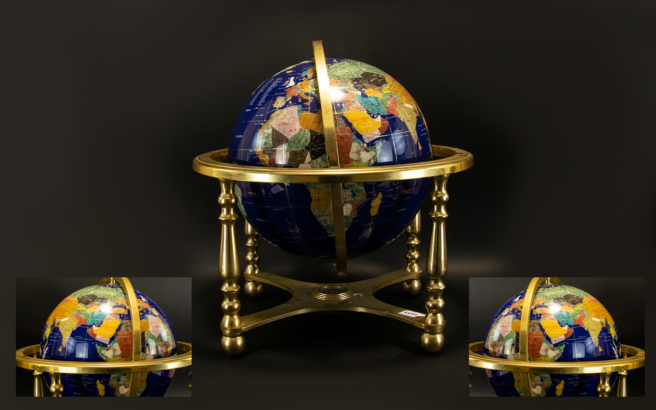 Decorative Gemstone Globe Gilt framed globe inlaid with various semi precious stones and gold tone