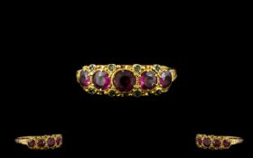 Mid Victorian Period - 15ct Gold Attractive 5 Stone Fire Rubies Set Dress Ring,