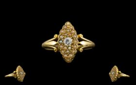 Antique Period 18ct Gold Marquise Shaped Diamond and Seed Pearl Dress Ring. Marked 18ct.