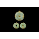 A Matched Set of 3 9ct Gold Mounted Jade Pendants of Circular Form,