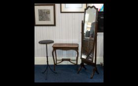 Three Items of Furniture to include a bedroom mirror on stand, inlaid occasional table,