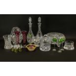 A Mixed Collection Of Decorative And Cut Glass Items to include continental green glass liqueur