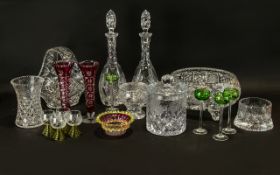 A Mixed Collection Of Decorative And Cut Glass Items to include continental green glass liqueur
