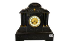 A Late Victorian Belgium Slate Architectural Clock Engraved putti scene to pediment,