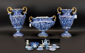 Italian Decorative Blue And White Glazed Vase Garniture Set Elaborate three piece set comprising a