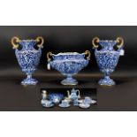 Italian Decorative Blue And White Glazed Vase Garniture Set Elaborate three piece set comprising a