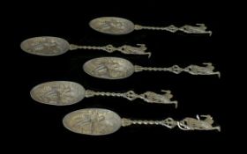 Five Dutch Pewter Decorative Spoons Each