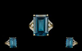 Contemporary Designed 9ct Gold - London Blue Topaz and Diamond Set Dress Ring,