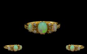 Antique Period - Attractive 18ct Gold Diamond and Opal Set Dress Ring, In a Gallery Setting,