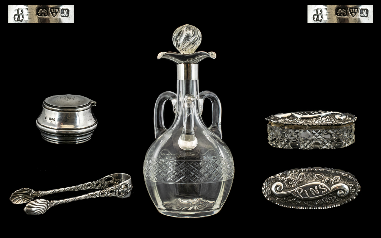 Edwardian Period - Pleasing Shaped 3 Handle Glass Decanter with Sterling Silver Collar / Spout,