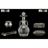 Edwardian Period - Pleasing Shaped 3 Handle Glass Decanter with Sterling Silver Collar / Spout,