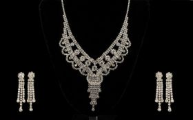 Crystal Scalloped and Fringed Pendant Necklace and Triple Drop Earrings Set,