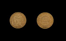 French Republic 20 Francs Gold Coin - Date 1896. Paris Mint Mark. Weight 6.45 grams.