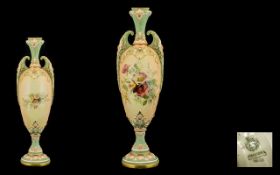 Royal Worcester Tall and Impressive - Hand Painted Twin Handle Blush Ivory Vase with Painted Spring