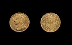 Swiss 20 Franc Gold Coin - Date 1947. Mint Mark Bern, Weight 6.45 grams. Gold Purity - 900.