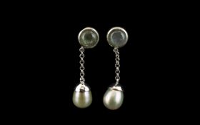 Labradorite and Cultured Pearl Drop Earrings, bezel set, round cut, labradorite cabochons of 3.