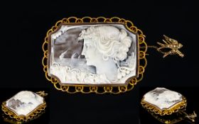 Wonderful Quality - 9ct Gold Mounted 1930's Large Rectangular Shaped Shell Cameo Brooch,