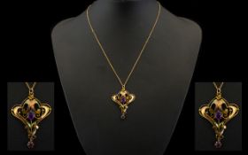 Edwardian Period - Attractive 9ct Gold Open-worked and Shaped Pendant Set with Two Amethysts of