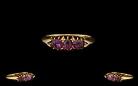 Antique Period Attractive 15ct Gold 3 Stone Amethyst Set Dress Ring, Gallery Setting.