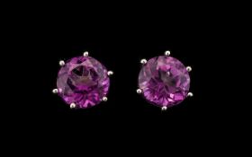 Pink Topaz Stud Earrings, fuchsia pink colour, round cut solitaire topaz, totalling 4.