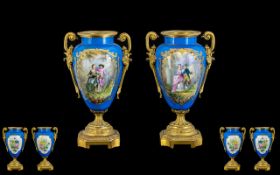 Sevres Style - Nice Quality 19th Century Pair of Gilt Bronze and Painted Ceramic Twin Handle Vases