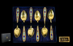 Six Gilded Russian Cloisonne Teaspoons In Fitted Case, Star With Hammer And Sickle 875,