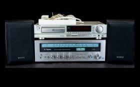 Technics Hi - Fi Comprising SL/P477A Cd player, SA/5170 Amp and two Sony speakers.