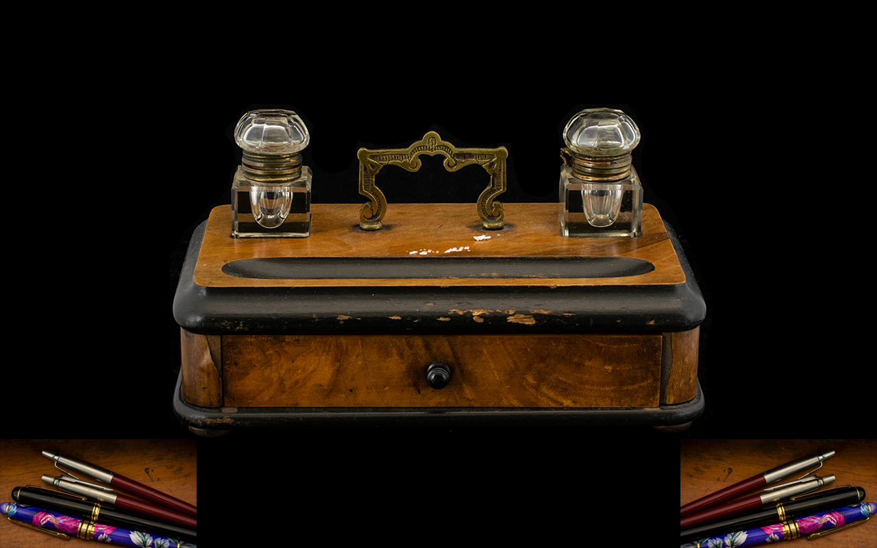 Late 19th Early 20thC Desk Tidy, Frieze Drawer, With Well And Two Glass Ink Bottles,