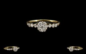 18ct Yellow Gold - Attractive Diamond Set Cluster Ring, Pleasing Flower head Setting,