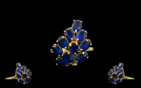 1970's Ladies 9ct Gold Blue Stone Set Cluster Ring, Flower Spray Design.