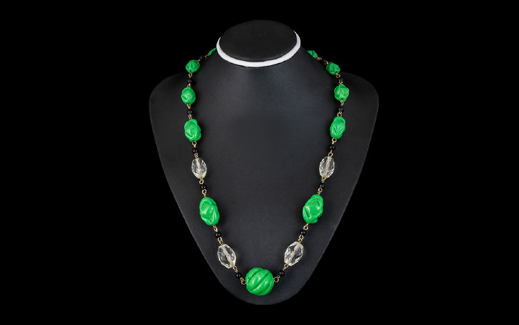 Vintage Beaded Necklace, In Green, Black & White Tones, Looks Great on and of Good Quality.