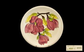 Walter Moorcroft - Modern Signed Tubelined Cabinet Plate ' Pink Magnolia ' Pattern on Ivory Ground.