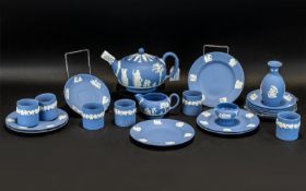 Wedgwood Blue Jasper Tea Service comprising Tea Pot, 6 x 6" plates, 6 x small unhandled cups,