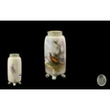 Royal Worcester Hand Painted and Signed 4 Footed Reticulated Small Vase ' Pheasants In a Woodland