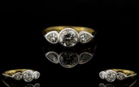 18ct Gold - Nice Quality 3 Stone Diamond Set Ring, Pleasing Pave Set Diamond Ring.