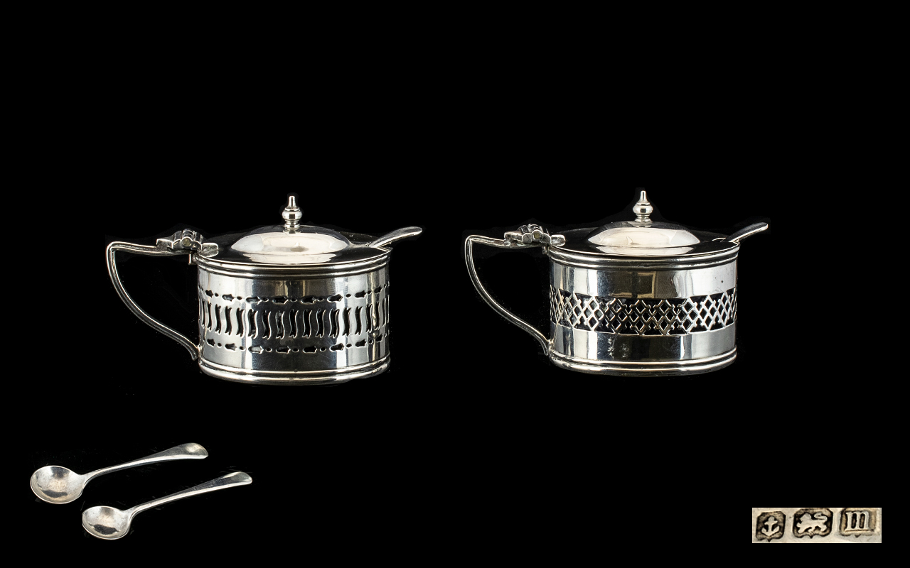 Edwardian Period Good Quality - Matched Pair of Solid Silver Mustard Pots,