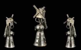 Dutch Netherlands Antique 19th Century Finely Worked Silver Bell with Windmill and Clock Tower