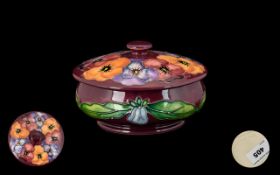 Moorcroft Tubelined Lidded Powder Bowl ' Pansies ' Pattern. Designer Rachael Bishop. c.1994.