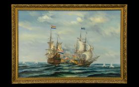 Painting by J Harvey. Well known specialist maritime painter of 17th century naval battles.