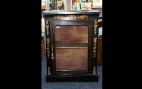 Victorian Black Lacquered French Style Book Case glazed front and Ormolu mounts, floral inlay.