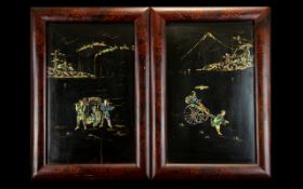 Two Oriental Framed Wall Panels inlaid with Abalone shell depicting a rickshaw and figures.