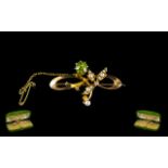 Antique Period - Attractive 15ct Gold Peridot / Diamond and Seed Pearl Set Brooch with Safety Chain.